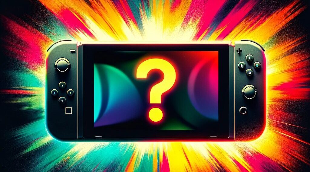 Vibrant, explosive colors burst from a Nintendo Switch console screen displaying a bright question mark, symbolizing exciting gaming mysteries