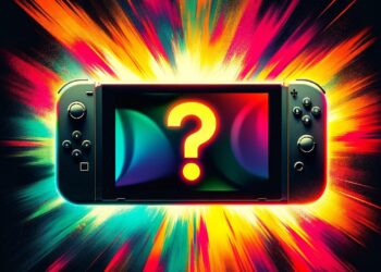 Vibrant, explosive colors burst from a Nintendo Switch console screen displaying a bright question mark, symbolizing exciting gaming mysteries