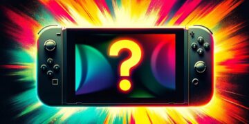 Vibrant, explosive colors burst from a Nintendo Switch console screen displaying a bright question mark, symbolizing exciting gaming mysteries