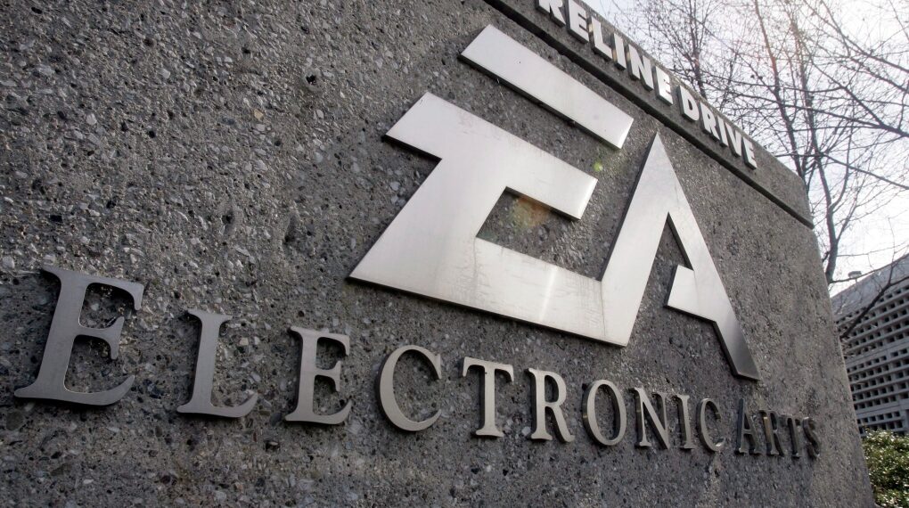 la sede central de Electronic Arts en Redwood City, destacando su icónico logotipo en un entorno empresarial.