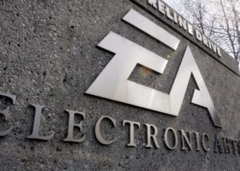 la sede central de Electronic Arts en Redwood City, destacando su icónico logotipo en un entorno empresarial.