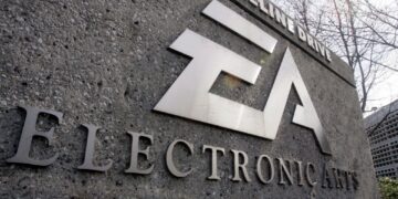 la sede central de Electronic Arts en Redwood City, destacando su icónico logotipo en un entorno empresarial.