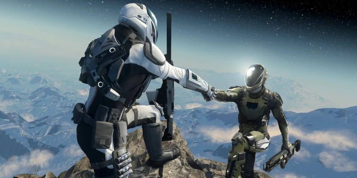 Dos astronautas con trajes espaciales futuristas se saludan en un terreno montañoso, simbolizando camaradería en el vasto universo de los videojuegos.