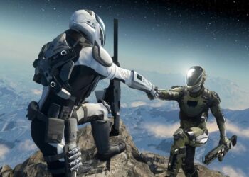 Dos astronautas con trajes espaciales futuristas se saludan en un terreno montañoso, simbolizando camaradería en el vasto universo de los videojuegos.