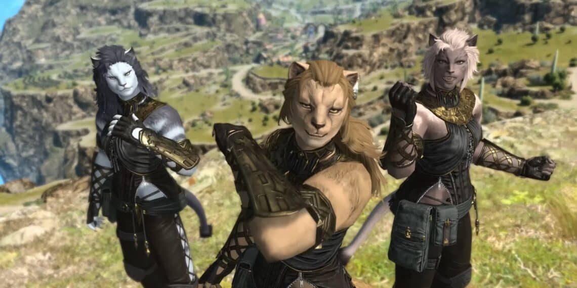 In-game screenshot from Final Fantasy 14 showcasing three Hrothgar characters, each with distinct features and armor, poised confidently with the game's expansive landscape in the background.