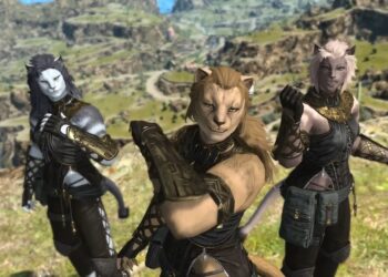 In-game screenshot from Final Fantasy 14 showcasing three Hrothgar characters, each with distinct features and armor, poised confidently with the game's expansive landscape in the background.
