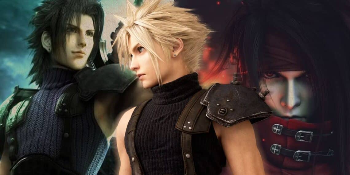 A collage featuring three iconic characters from the Final Fantasy VII universe, showcasing different aspects of the series' expansive storytelling.