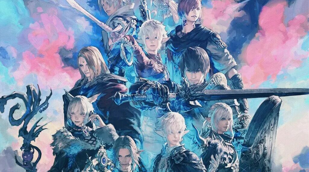 Artistic rendering of various "Final Fantasy XIV" characters, poised for battle in their unique armors, against a backdrop of ethereal blue and pink watercolor swirls.