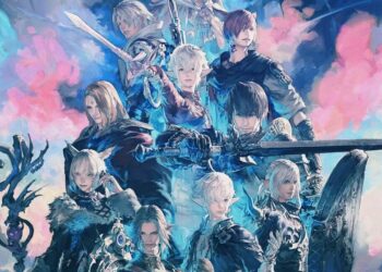 Artistic rendering of various "Final Fantasy XIV" characters, poised for battle in their unique armors, against a backdrop of ethereal blue and pink watercolor swirls.