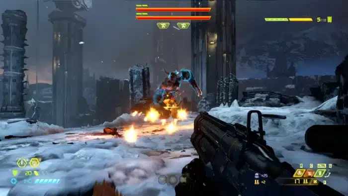 FPS action in "Doom": snowy battle with a demon and shotgun in view. FPS action in "Doom": snowy battle with a demon and shotgun in view. FPS action in "Doom": snowy battle with a demon and shotgun in view. 