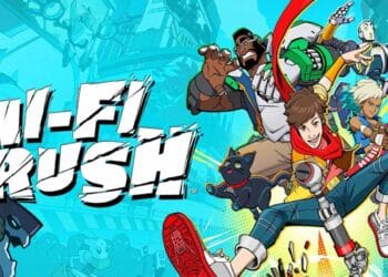 Imagen promocional de Hi-Fi Rush, mostrando personajes coloridos y estilizados en una escena vibrante, con un héroe juvenil en el centro, acompañado por un gato negro y compañeros con apariencia de rockeros futuristas, listos para la acción y aventuras musicales en un fondo de tonos azules y turquesas