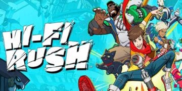 Imagen promocional de Hi-Fi Rush, mostrando personajes coloridos y estilizados en una escena vibrante, con un héroe juvenil en el centro, acompañado por un gato negro y compañeros con apariencia de rockeros futuristas, listos para la acción y aventuras musicales en un fondo de tonos azules y turquesas