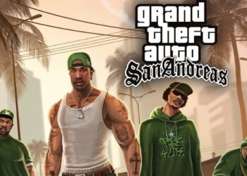 Portada del videojuego Grand Theft Auto San Andreas con tres personajes principales en un paisaje urbano con palmeras al fondo.