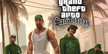 Portada del videojuego Grand Theft Auto San Andreas con tres personajes principales en un paisaje urbano con palmeras al fondo.