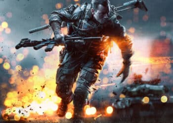 Imagen de un soldado en acción bajo la lluvia, con un fondo de explosiones y luces brillantes, evocando la intensidad de los videojuegos de Battlefield