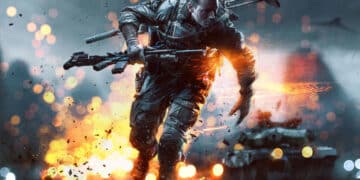 Imagen de un soldado en acción bajo la lluvia, con un fondo de explosiones y luces brillantes, evocando la intensidad de los videojuegos de Battlefield