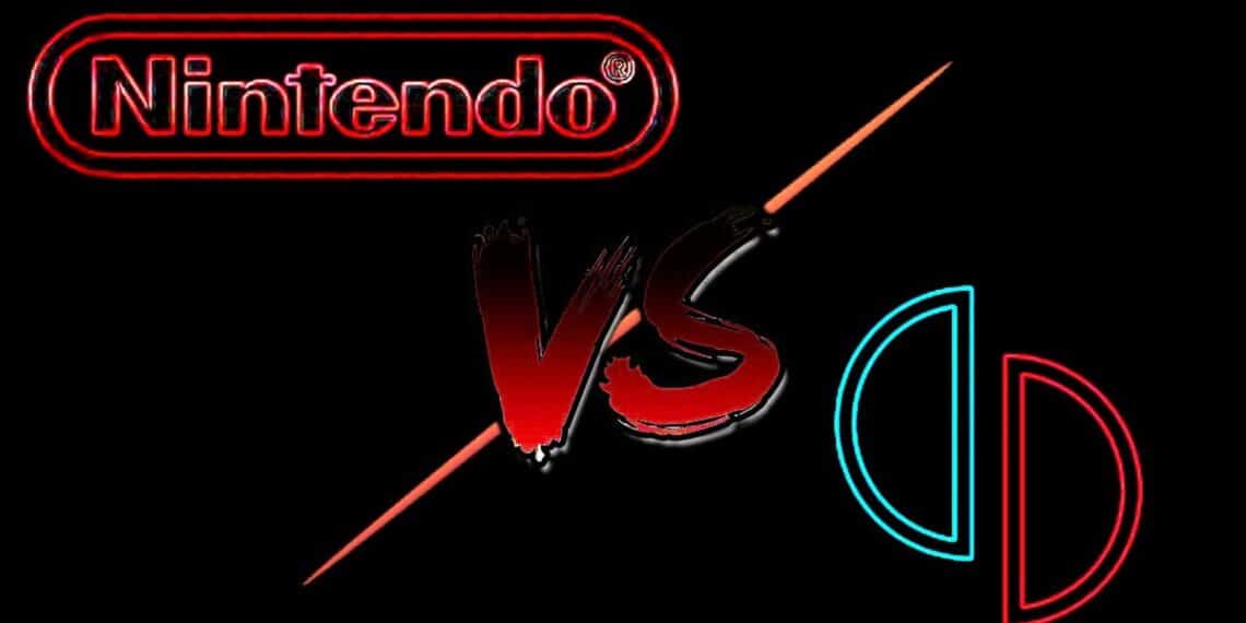 Imagen artística mostrando un intenso enfrentamiento simbólico entre Nintendo y Yuzu, con los logos representando los dos bandos en un vibrante contraste de colores