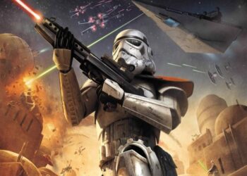 A Stormtrooper, blaster ready, stands in the foreground with Star Destroyers and TIE fighters engaged in battle above the planet Tatooine from Star Wars