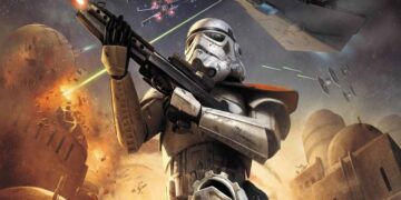 A Stormtrooper, blaster ready, stands in the foreground with Star Destroyers and TIE fighters engaged in battle above the planet Tatooine from Star Wars