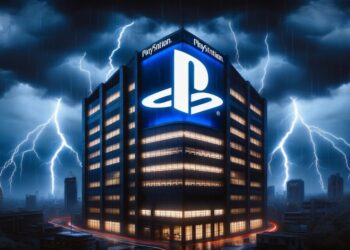 Edificio corporativo de Sony con el logo de PlayStation iluminado, bajo un cielo tempestuoso con relámpagos, reflejando tiempos desafiantes