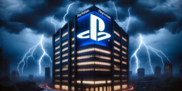 Edificio corporativo de Sony con el logo de PlayStation iluminado, bajo un cielo tempestuoso con relámpagos, reflejando tiempos desafiantes