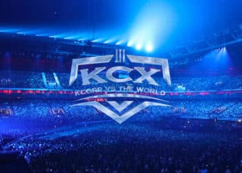A vibrant esports event featuring Karmine Corp (KCX), with a dynamic blue-lit stage and packed arena of fans, showcasing the scale of their competitive scene.