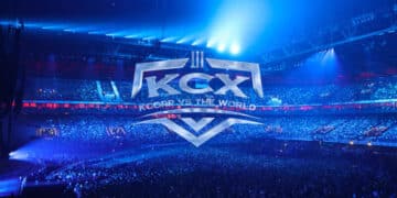 A vibrant esports event featuring Karmine Corp (KCX), with a dynamic blue-lit stage and packed arena of fans, showcasing the scale of their competitive scene.