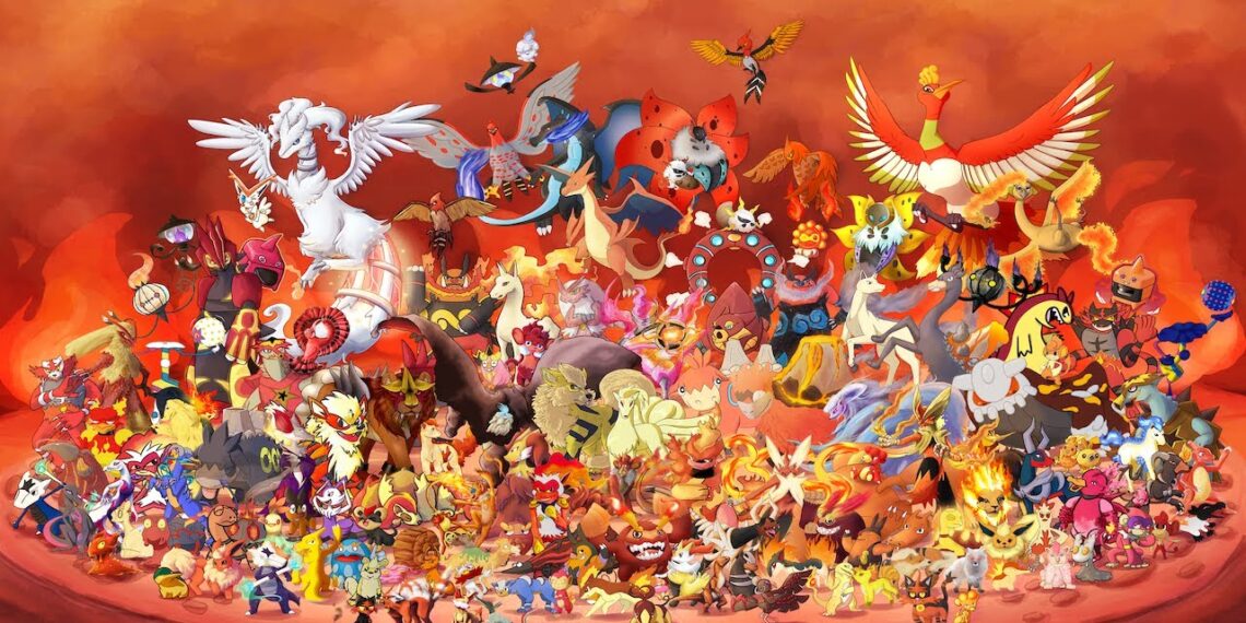 Imagen vibrante que muestra una colección diversa de criaturas de fuego y voladoras de un popular videojuego, reunidas en un fondo de tonos cálidos que simboliza el fuego y la pasión de la batalla.