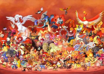 Imagen vibrante que muestra una colección diversa de criaturas de fuego y voladoras de un popular videojuego, reunidas en un fondo de tonos cálidos que simboliza el fuego y la pasión de la batalla.