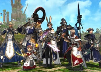 A diverse group of Final Fantasy XIV characters, showcasing a range of races and classes, stands ready for adventure against the backdrop of a vibrant, green landscape with an intricate tower in the distance.