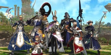A diverse group of Final Fantasy XIV characters, showcasing a range of races and classes, stands ready for adventure against the backdrop of a vibrant, green landscape with an intricate tower in the distance.