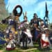 A diverse group of Final Fantasy XIV characters, showcasing a range of races and classes, stands ready for adventure against the backdrop of a vibrant, green landscape with an intricate tower in the distance.