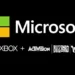 Microsoft logo with Xbox, Activision Blizzard, King: 1,900 layoffs.