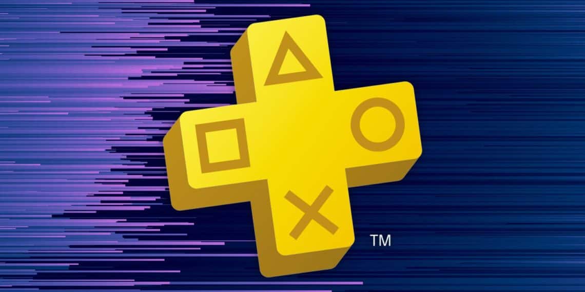 PlayStation Plus iconic gold cross logo set against a dynamic blue and purple digital glitch background, symbolizing a high-energy gaming experience