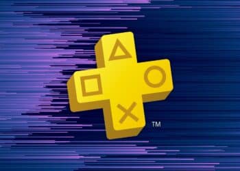 PlayStation Plus iconic gold cross logo set against a dynamic blue and purple digital glitch background, symbolizing a high-energy gaming experience