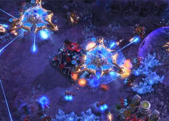 StarCraft 2 scene: Futuristic battle with vibrant lasers and mechs on alien terrain.