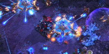 StarCraft 2 scene: Futuristic battle with vibrant lasers and mechs on alien terrain.