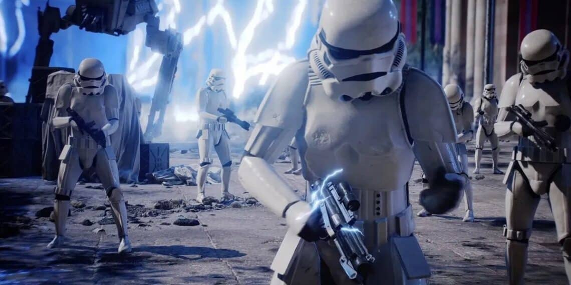 Stormtroopers advancing under a dramatic sky, with towering AT-AT walkers in the background, set in the iconic Star Wars universe