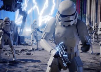 Stormtroopers advancing under a dramatic sky, with towering AT-AT walkers in the background, set in the iconic Star Wars universe