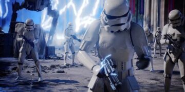 Stormtroopers advancing under a dramatic sky, with towering AT-AT walkers in the background, set in the iconic Star Wars universe