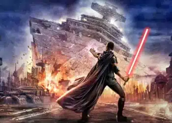 ogo Star Wars com cavaleiro e sabre de luz enfrentando destroços galácticos.