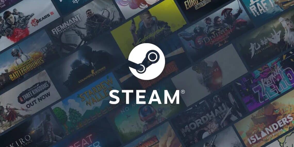 A collage of popular video game covers on the Steam platform, featuring the Steam logo centered above, symbolizing the extensive digital distribution service for gaming.