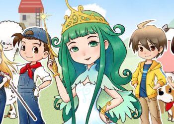 Ilustración colorida de 'Story of Seasons: Friends of Mineral Town' con la Diosa de la Cosecha y personajes del pueblo en un fondo de granja