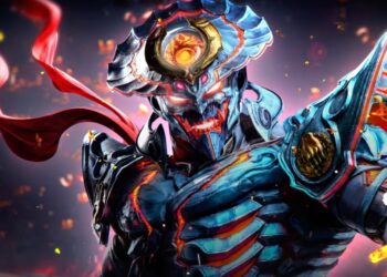 Ilustración de un personaje de videojuego con armadura metálica azul y roja, una espada y una máscara demoníaca, en un ambiente ardiente de combate.