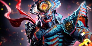 Ilustración de un personaje de videojuego con armadura metálica azul y roja, una espada y una máscara demoníaca, en un ambiente ardiente de combate.