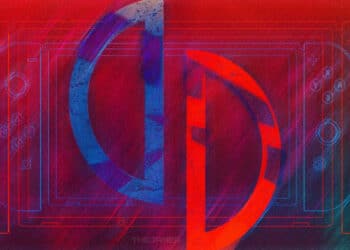 Arte conceptual abstracta que representa la consola Nintendo Switch y el emulador Yuzu, fusionando colores rojos y azules con contornos de controladores