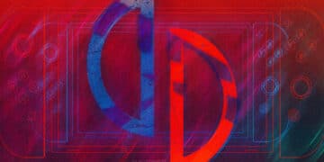 Arte conceptual abstracta que representa la consola Nintendo Switch y el emulador Yuzu, fusionando colores rojos y azules con contornos de controladores