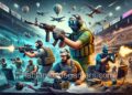 La imagen muestra una escena de acción realista de CS2 con operativos antiterroristas en equipo táctico, involucrados en un combate intenso. La arena de eSports está llena de espectadores y presenta globos aerostáticos y aviones sobrevolando. En primer plano, se incluyen equipos tácticos y una computadora con planes estratégicos, destacando la profundidad estratégica y el trabajo en equipo esenciales en Counter-Strike 2.