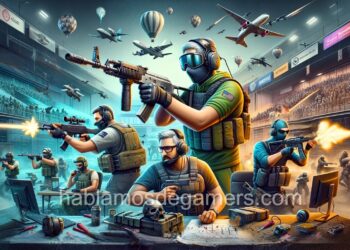 La imagen muestra una escena de acción realista de CS2 con operativos antiterroristas en equipo táctico, involucrados en un combate intenso. La arena de eSports está llena de espectadores y presenta globos aerostáticos y aviones sobrevolando. En primer plano, se incluyen equipos tácticos y una computadora con planes estratégicos, destacando la profundidad estratégica y el trabajo en equipo esenciales en Counter-Strike 2.