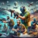 A imagem mostra uma cena de ação CS2 realista com agentes antiterroristas em equipamento tático, envolvidos em combate intenso. A arena de eSports está lotada de espectadores e conta com balões de ar quente e aviões sobrevoando. Em primeiro plano estão incluídos o equipamento tático e um computador com planos estratégicos, destacando a profundidade estratégica e o trabalho em equipe essenciais no Counter-Strike 2.